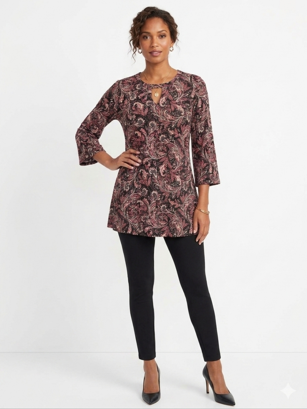 Paisley Keyhole Tunic Top - Burgundy & Black